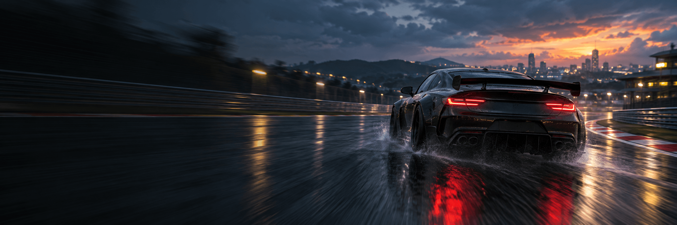 Performance coupe driving on a wet racetrack